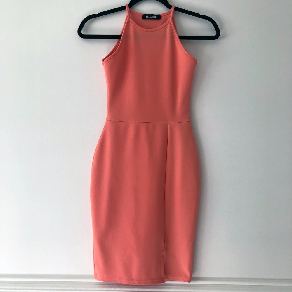NWOT Missguided Bright Coral Halter Bodycon Mini Dress | Size 1 - Picture 2 of 8